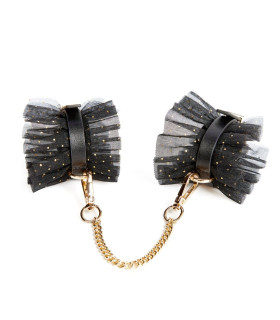 Наручники кожаные NO TABOO с кружевом, золотисто-чёрные, One Size - No Taboo