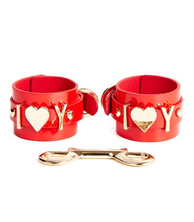 Наручники кожаные NO TABOO с надписью I love Y, золотисто-красные, One Size - No Taboo