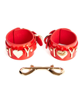 Наручники кожаные NO TABOO с надписью I love Y, золотисто-красные, One Size - No Taboo