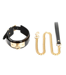Ошейник кожаный NO TABOO с поводком на цепочке, золотисто-черный, One Size - No Taboo