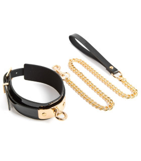 Ошейник кожаный NO TABOO с поводком на цепочке, золотисто-черный, One Size - No Taboo