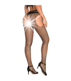 Колготки в сеточку со стразами Star Night Diamonds Pantyhose с вырезами, черные, One Size (XS-M) - No Taboo