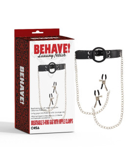 Кляп Chisa BEHAVE! Luxury Fetish с кольцом и зажимами для сосков, черный - No Taboo