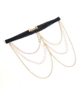 Підв'язка Star Night з ланцюжками та перлинками, чорно-золотиста, One Size - No Taboo