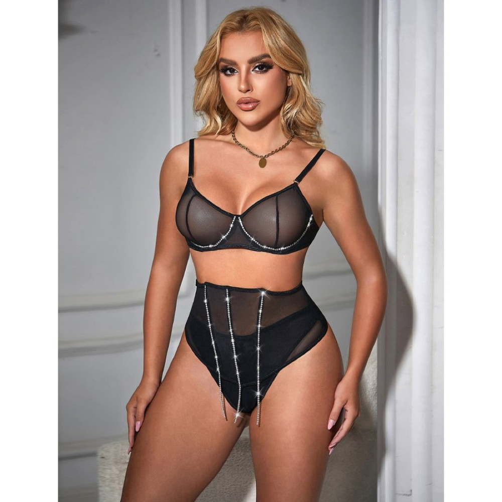 Комплект нижнего белья Star Night с поясом для чулок, со стразами, черный, M (335767), zoom