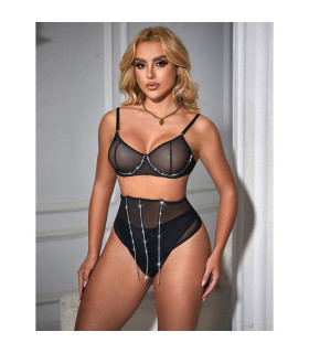 Комплект нижнего белья Star Night с поясом для чулок, со стразами, черный, M - No Taboo