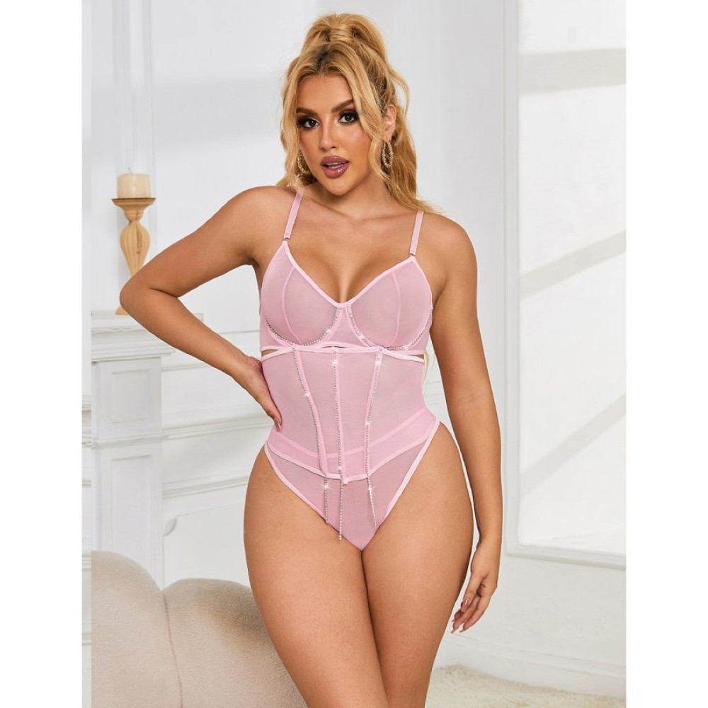 Комплект спідньої білизни Star Night з поясом для панчіх, зі стразами, рожевий, M (335768), zoom