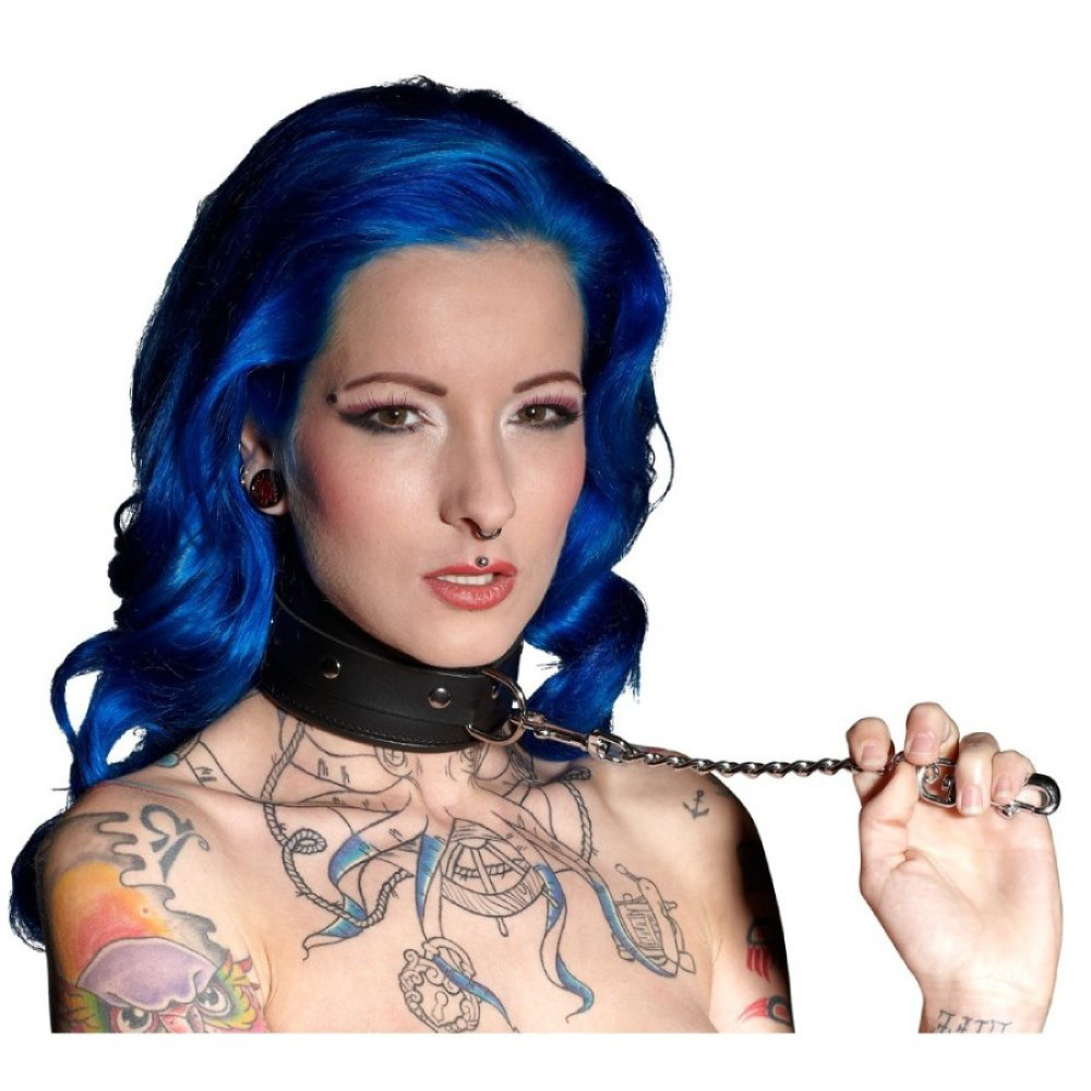 Ошейник из натуральной кожи с металлическим кольцом, черный, S/M (22856), zoom