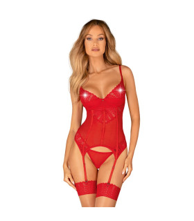 Корсет кружевной Obsessive Ingrida со стрингами, красный, XS-S - No Taboo