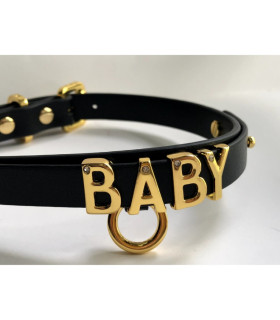 Чокер с надписью BABY от UPKO, кожаный, черный с золотистой фурнитурой, 3.7 х 44.5 см - No Taboo