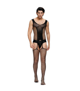 Комбинезон мужской полусетка Star Night с имитацией чулок, черный, L-2XL - No Taboo