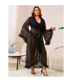 Полупрозрачный халатик Star Night с кружевом и поясом, черный, XS-S - No Taboo