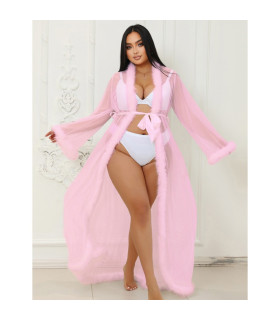 Халатик полупрозрачный Star Night с имитацией меха и поясом, розовый, XL-2XL - No Taboo