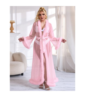 Халатик полупрозрачный Star Night с имитацией меха и поясом, розовый, M-L - No Taboo