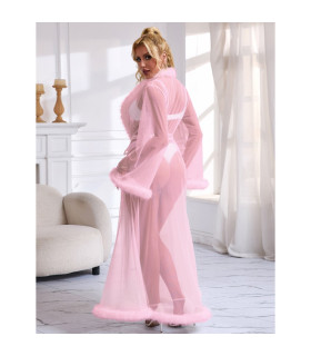 Халатик полупрозрачный Star Night с имитацией меха и поясом, розовый, M-L - No Taboo