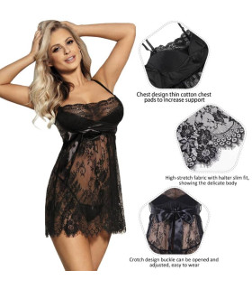 Пеньюар со стрингами Star Night с кружевом, черный, M-L - No Taboo