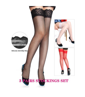 Набор чулок Star Night, L-2XL, кружевные, черные, белые, красные, 3 пары - No Taboo