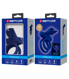 Эрекционное виброкольцо Pretty Love Powerful Ring двойное, с бабочкой, голубое, 8,6 х 3,8 см - No Taboo