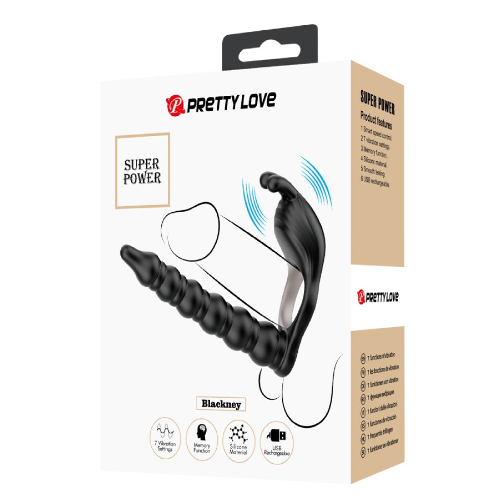 Эрекционное виброкольцо Pretty Love Blackney с анальным фаллоимитатором, черное (337732), zoom