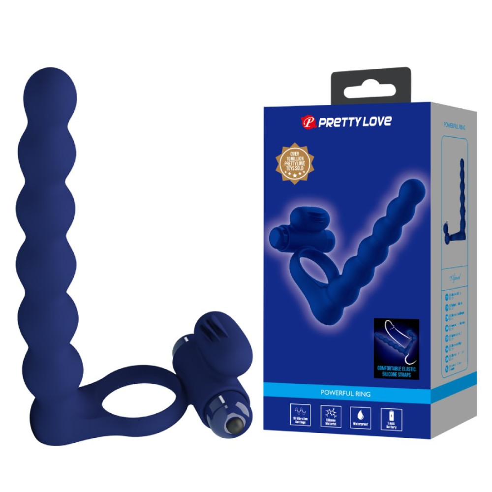 Ерекційне віброкільце Pretty Love з анальним стимулятором, синє, 15.3 х 1.8-2.5 см (337747), zoom