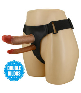 Фалопротез двойной Pretty Love Kearen на ремнях, черно-бежевый, 17.5 х 4.2 см - No Taboo