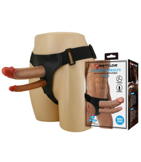 Фалопротез двойной Pretty Love Kearen на ремнях, черно-бежевый, 17.5 х 4.2 см - No Taboo