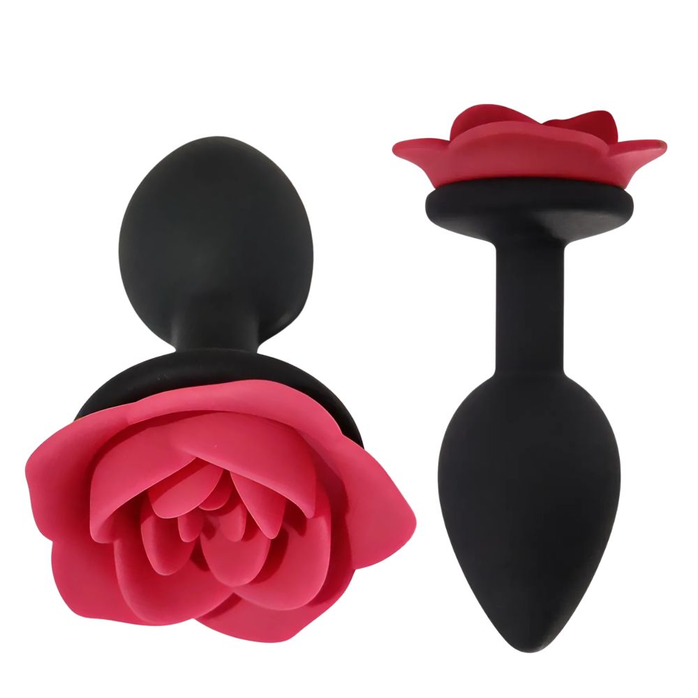 Анальная пробка ALUME, S, силиконовая черная с красной розой, 7 х 2.7 см (341513), zoom