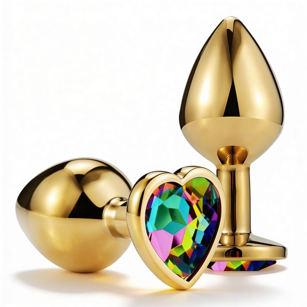 Анальная пробка ALUME, S, металлическая золотистая с разноцветным камнем в форме сердца, 7 х 2.7 см (341514), zoom