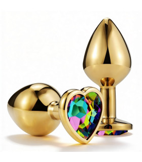 Анальная пробка ALUME, S, металлическая золотистая с разноцветным камнем в форме сердца, 7 х 2.7 см - No Taboo