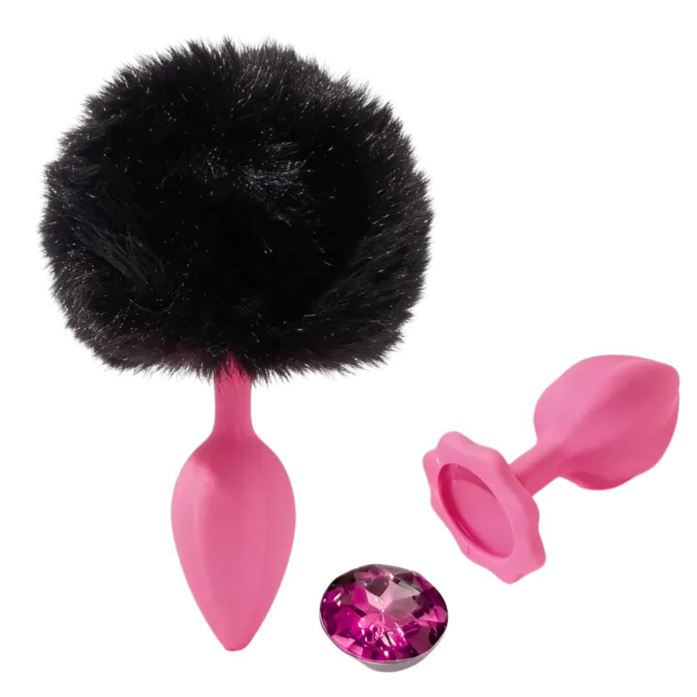 Набор пробка, хвостик и кристал ALUME, S, розовая с черным пушком и розовым камнем, 7 х 2.7 см (341519), zoom