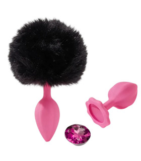 Набор пробка, хвостик и кристал ALUME, S, розовая с черным пушком и розовым камнем, 7 х 2.7 см - No Taboo
