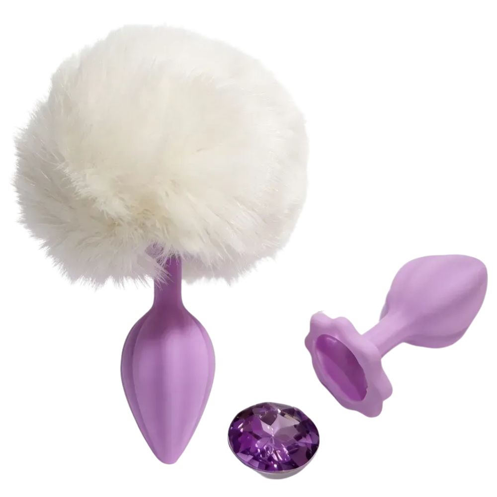 Набор пробка, хвостик и кристал ALUME, S, лиловая с белым пушком и лиловым камнем, 7 х 2.7 см (341521), zoom