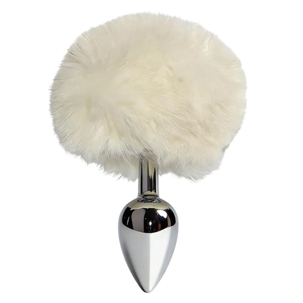 Анальна пробка ALUME, S, металева срібляста з білим пушком, 7 х 2.8 см (341524), zoom