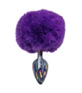 Анальная пробка с узором ALUME, S, металлическая синяя с фиолетовым пухом, 7 х 2.8 см - No Taboo