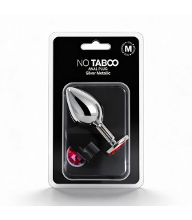 Анальная пробка NO TABOO, M, 86 г, металлическая, серебристая, с красным камнем, 8 х 3 см - No Taboo