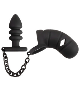 Мужской пояс верности Black Velvets с анальной пробкой, черный - No Taboo