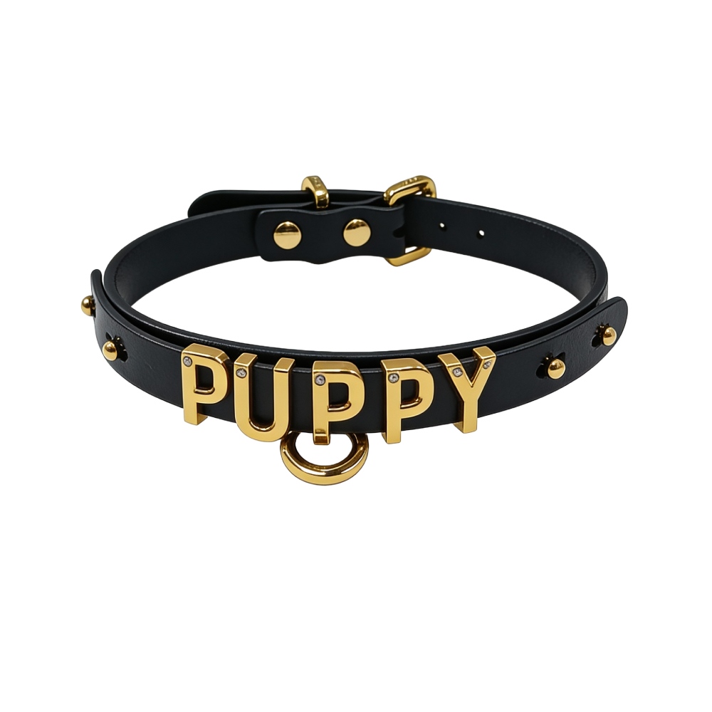 Чокер с надписью PUPPY от UPKO из итальянской кожи, черный с золотой фурнитурой (341431), zoom