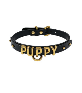Чокер с надписью PUPPY от UPKO из итальянской кожи, черный с золотой фурнитурой - No Taboo