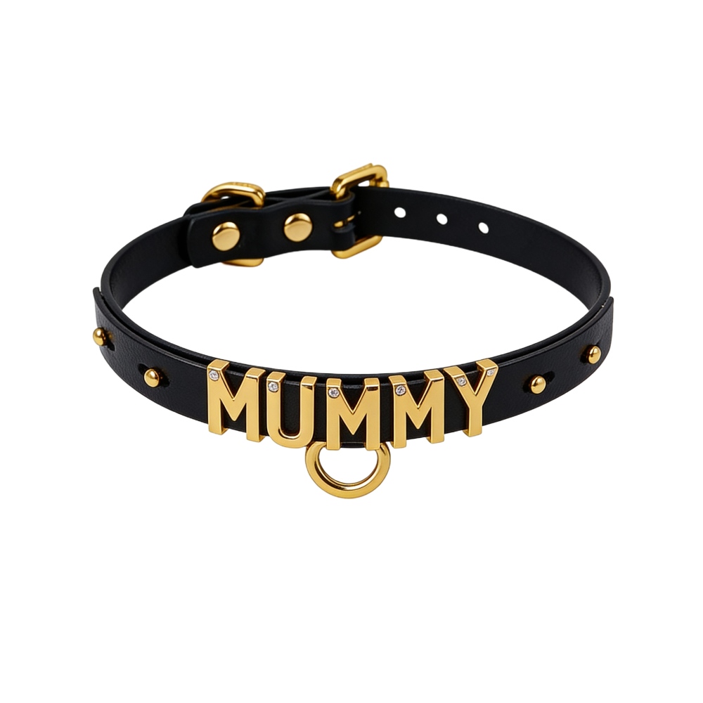 Чокер с надписью MUMMY от UPKO из итальянской кожи, черный с золотой фурнитурой (341432), zoom