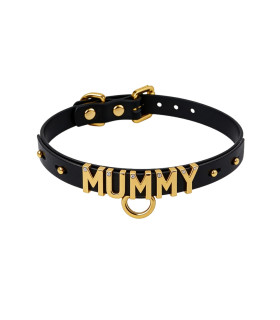 Чокер с надписью MUMMY от UPKO из итальянской кожи, черный с золотой фурнитурой - No Taboo