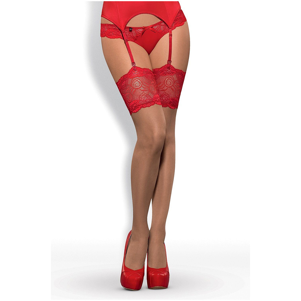 Чулки с красным кружевом Obsessive бежевые, XXL (25386), zoom