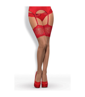 Чулки с красным кружевом Obsessive бежевые, XXL - No Taboo