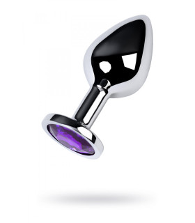 Анальная пробка серебряная с лиловым камнем, (смазка в подарок), M, 8.5 x 3.5 - No Taboo