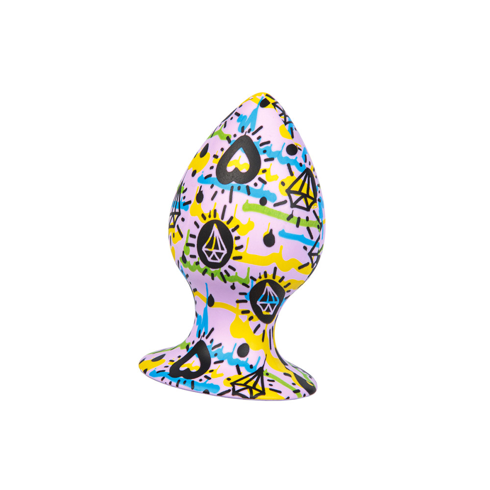 Анальная пробка дизайнерская на присоске гигантская силиконовая, с узором, лиловая, 10 х 5.1 см (43606), zoom