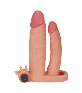 Насадка на пеніс з двома фаллосами подовжуюча з вібрацією Lovetoy бежева, 18.5 х 3.8 см - No Taboo