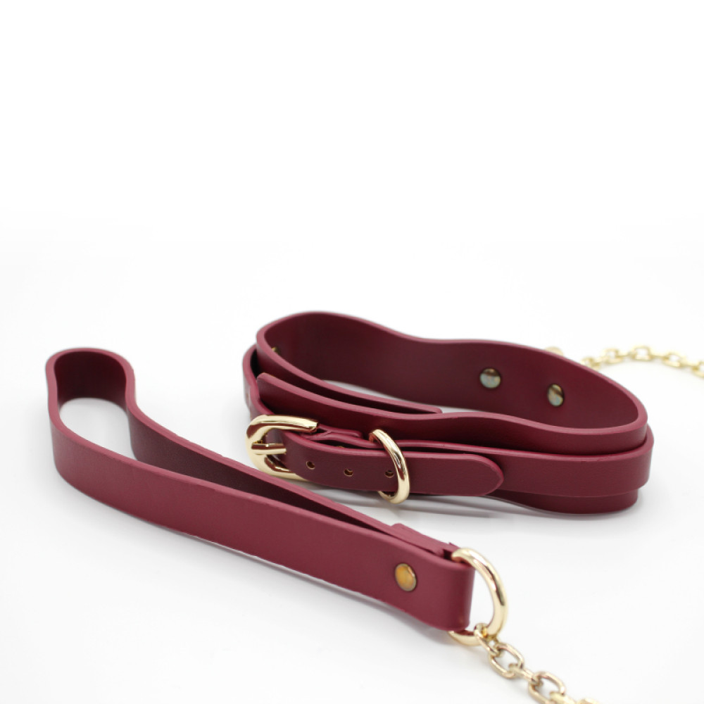 Нашийник з повідцем-ланцюжком з металевою фурнітурою, бордовий (40106), zoom