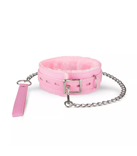 Ошейник широкий, с мехом внутри, с поводком XOXO розовый - No Taboo