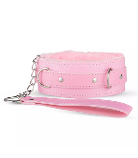 Ошейник широкий, с мехом внутри, с поводком XOXO розовый - No Taboo