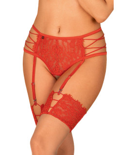 Сексуальные трусики Obsessive Rediosa, L/XL, кружевные, с интимным вырезом, с пажами для чулок, красные - No Taboo