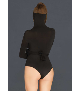 Эротическое боди для БДСМ крупная сетка, с удлиненными рукавами, с закрытым лицом Leg Avenue черное, O/S - No Taboo